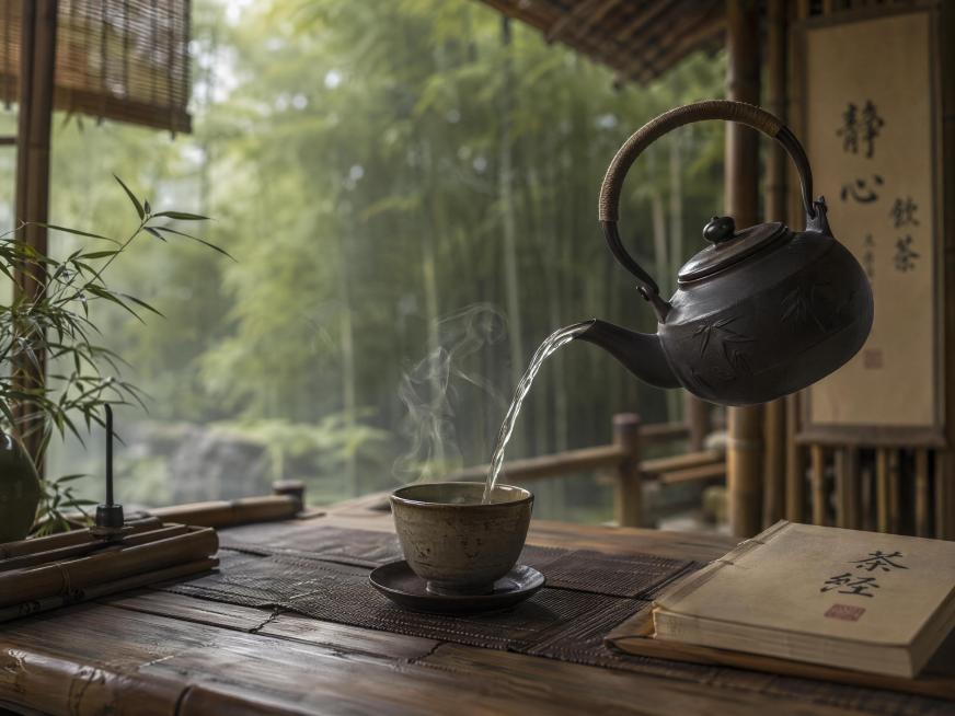 古风竹屋背景，一只茶壶正往古朴的茶杯中倒出清澈的茶水，国风古雅意境，木质茶桌，氛围闲适清幽，传统中式美学风格，画面柔和自然预览效果