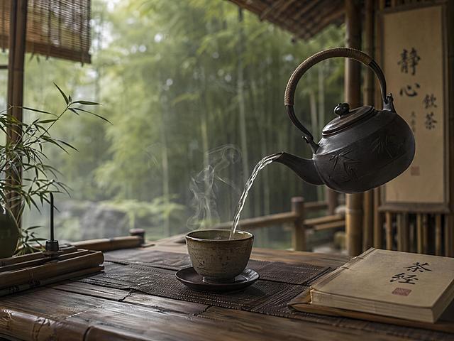 古风竹屋背景，一只茶壶正往古朴的茶杯中倒出清澈的茶水，国风古雅意境，木质茶桌，氛围闲适清幽，传统中式美学风格，画面柔和自然