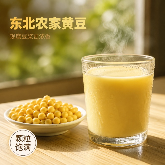 统一基础参数：8K 超高清，超写实商业食材摄影，1:1 正方形，窗边柔自然光，暖金黄色调，无包装、无水印
第 1 张：浅原木桌面上，一杯冒着热气的现磨黄豆浆，豆浆浓稠挂壁，旁边放一碟饱满金黄的生黄豆，预览效果
