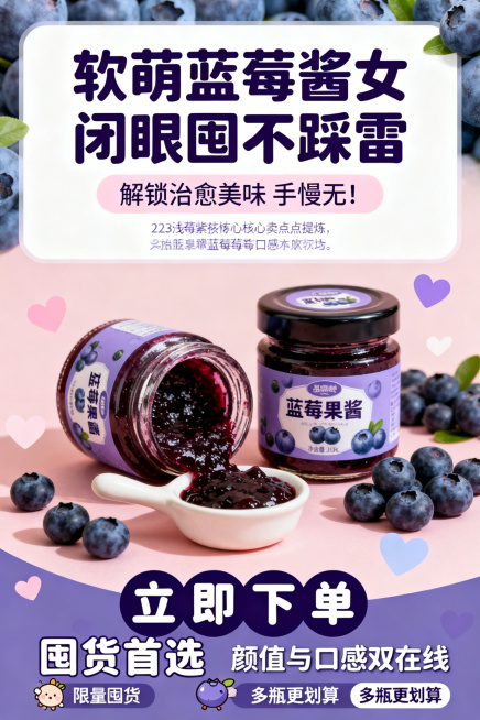 「图片1」第1屏：主视觉封面（引流屏）主标题：软萌蓝莓果酱✨ 一口解锁治愈感副标题：高果肉无添加 颜值与口感双在线排版布局：上半部分为主副标题（居中对齐，主标题深蓝莓紫加粗，副标题浅粉色，字体圆润卡通预览效果