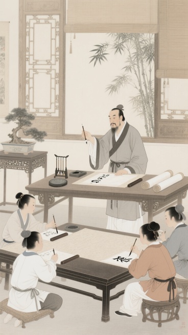 国风工笔画风格，中式书房场景，身着长衫的国学老师手持毛笔、神情儒雅，为学生讲解书法笔法，案头摆着砚台、宣纸、卷轴，窗外竹影婆娑，学生围坐认真临摹，氛围古朴雅致，突出老师对传统文化的传承感预览效果
