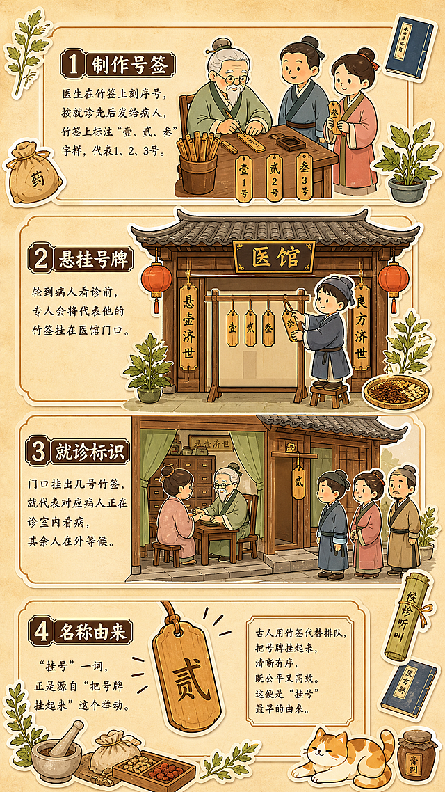 微信公众号长图，竖版长图，可爱古风绘本插画风格，参考图的贴纸式插画风格，米黄色做旧纸张背景，白色描边贴纸质感。画面主体为传统中医医馆场景，木质结构，飞檐灰瓦，牌匾上书金色大字“医馆”，门口挂着红灯笼，屋内有中药柜、对联“悬壶济世”“良方济世”，搭配绿植。画面分为四个板块，从上到下依次排列，每个板块配插画和文字说明：

第一板块【制作号签】：医生在竹签上刻序号，按就诊先后发给病人，竹签上标注“壹、贰、叁”字样，代表1、2、3号。插画：老中医坐在桌前刻竹签，桌上放着一捆竹签，旁边站着等候的百姓。

第二板块【悬挂号牌】：轮到病人看诊前，专人会将代表他的竹签挂在医馆门口。插画：医馆门口的木架上挂着几根竹签号牌，一个小厮正伸手挂竹签。

第三板块【就诊标识】：门口挂出几号竹签，就代表对应病人正在诊室内看病，其余人在外等候。插画：医馆内老中医正在给病人诊脉，门口挂着“贰”号竹签，外面几个人在排队等候。

第四板块【名称由来】：“挂号”一词，正是源自“把号牌挂起来”这个举动。插画：一个放大的竹签号牌特写，旁边有文字注解。

整体风格：可爱Q版古风人物，圆润线条，暖色调，贴纸式白边效果，四周点缀艾草、药箱、古籍、药包等中医元素贴纸装饰，右下角有一只慵懒的橘白相间小猫。画面清晰，色彩柔和，适合微信公众号长图阅读。