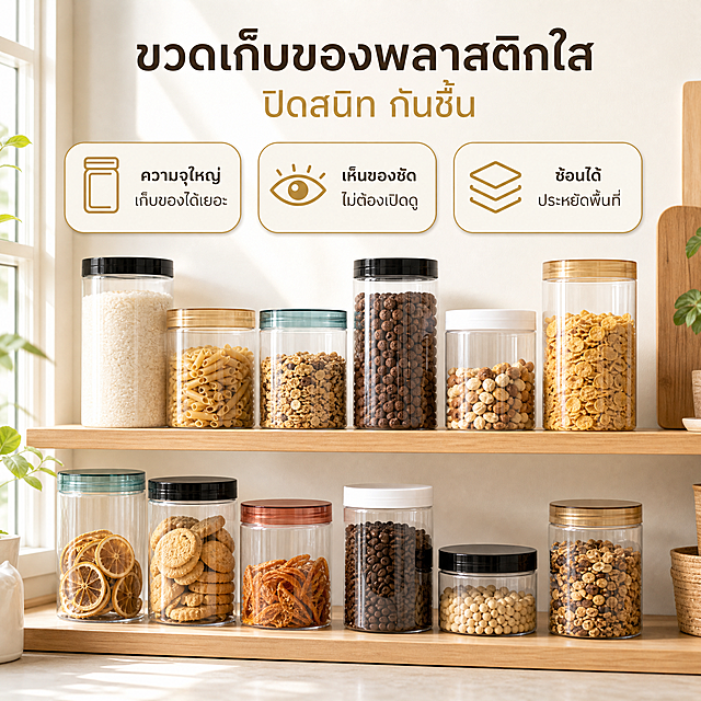 Amazon Thailand main image 2, capacity and storage demonstration. Bright modern kitchen pantry scene with light wood shelves and cream white wall. Multiple transparent plastic storage jars filled with different dry food items - rice, pasta, cereal, nuts, dried fruit, coffee beans, cookies - neatly arranged on wooden shelf. Jars have various colored lids (black, gold, white, teal). Thai text title at top: 'ขวดเก็บของพลาสติกใส ปิดสนิท กันชื้น'. Three Thai feature icons below with light gold rounded cards: 1) 'ความจุใหญ่ เก็บของได้เยอะ' with jar icon, 2) 'เห็นของชัด ไม่ต้องเปิดดู' with eye icon, 3) 'ซ้อนได้ ประหยัดพื้นที่' with stack icon. Warm natural daylight from side window, soft shadows, clean organized kitchen atmosphere. Keep jar product appearance consistent with input images - transparent cylindrical body, colored screw lids, smooth glossy PET material. Product occupies 65% of frame. Color palette: cream white, light wood, soft gold accents. Thai language text only, no Chinese. 1:1 ratio, high quality commercial photography.