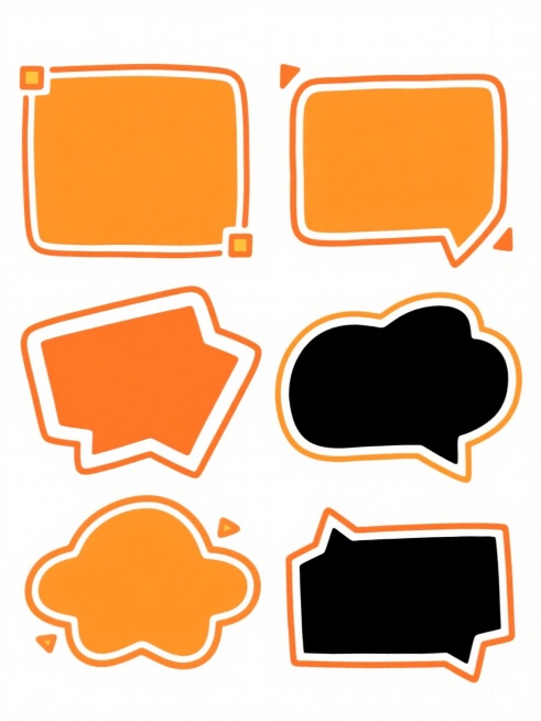 一组6个完全不同形状的卡通风格文本框素材集合，保持手绘感的橙色描边线条和2px的白色内描边细节，每个文本框均为纯色填充且配色各不相同，无任何文字内容，整体采用规整的网格排布方式，背景为纯白色，文本框边缘带有俏皮的几何装饰元素如小三角形，保持轻松活泼的手绘质感和统一的视觉风格。预览效果