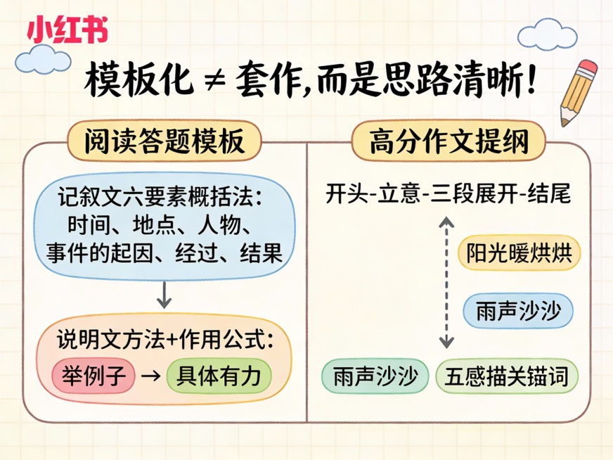 左右分栏式小红书教育插画：左侧为「阅读答题模板」，展示记叙文“六要素概括法”（时间、地点、人物…）和说明文“方法+作用”公式（如“举例子 → 具体有力”），用彩色气泡框+箭头连接；右侧为「高分作文提纲预览效果