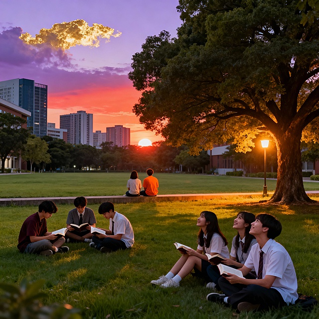 写实摄影风格，校园草坪黄昏场景。画面核心要素：黄昏光影、城市建筑、生活气息。
前景与中景：大片翠绿草坪上，错落分布着几棵枝繁叶茂的大树，树旁点缀着造型可爱的暖黄色地灯，灯光柔和氤氲。草坪上分散着三组学生：第一组四人围坐成圈，各自捧着书本低头阅读，书页微微翻动，阳光勾勒出他们的侧脸轮廓；第二组两人并肩坐在草坪边缘，背对着镜头，目光望向远方的夕阳，身影被落日染成暖橙色；第三组三人坐在大树的树荫下，围坐一团仰头聊天，神情轻松愉悦，嘴角带着笑意。
背景：远处矗立着几栋现代风格的城市高楼建筑，与校园的绿意形成鲜明对比，天空被夕阳晕染成橙红与淡紫交织的渐变色彩，云朵被镶上金边，黄昏的暖光洒满整个画面，光线柔和不刺眼，草坪上的光影层次分明。
整体氛围：充满青春的生活气息，宁静又治愈，色彩真实自然，还原校园黄昏时分的惬意日常，无过度美化，突出写实质感。