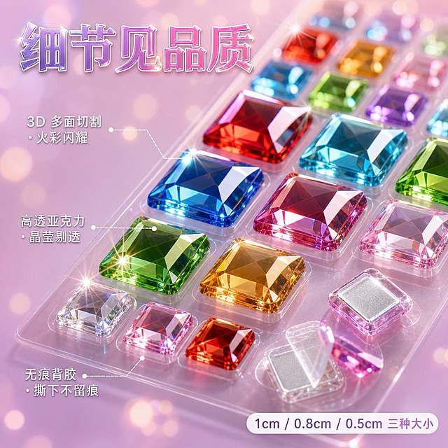 1:1 正方形电商主图，马卡龙清新风结合软萌少女风，高级通透玻璃质感，极近微距特写视角，浅景深。背景为甜心粉到香芋紫的柔和渐变，虚化成柔光斑和散景。画面大部分区域被放大的亚克力钻粒刻面占据：超大特写展示 1cm 大钻、0.8cm 中钻、0.5cm 小钻三种尺寸的钻粒紧密排列在透明 PET 底托上，钻粒为高透 3D 刻面亚克力，清晰可见每一颗的切面棱线、内部折射火彩、表面高光和通透玻璃质感，颜色含红、宝蓝、浅蓝、草绿、金橙、紫、玫粉、透明白，严格还原参考产品中钻粒的形状、颜色、刻面火彩和排列；画面右下角有两颗被揭起的钻，露出背面透明压敏胶和底托的透明边（不是白卡），展示自带背胶、一撕即贴。侧逆光从右后方打来，穿过亚克力刻面打出 bling 星芒折射光，钻粒边缘有柔和轮廓光。左上角主标题 "细节见品质"，水晶通透质感大字，粉紫渐变填充带白色细描边和柔和投影；其下竖向排列三个白色细体卖点标签，带细虚线引向对应钻粒："3D 多面切割・火彩闪耀" 指向大钻刻面、"高透亚克力・晶莹剔透" 指向钻粒内部、"无痕背胶・撕下不留痕" 指向揭起的钻背胶。右下角小标签 "1cm / 0.8cm / 0.5cm 三种大小"。整体微距感强、材质细节清晰锐利、干净高级，突出钻的质感和做工。