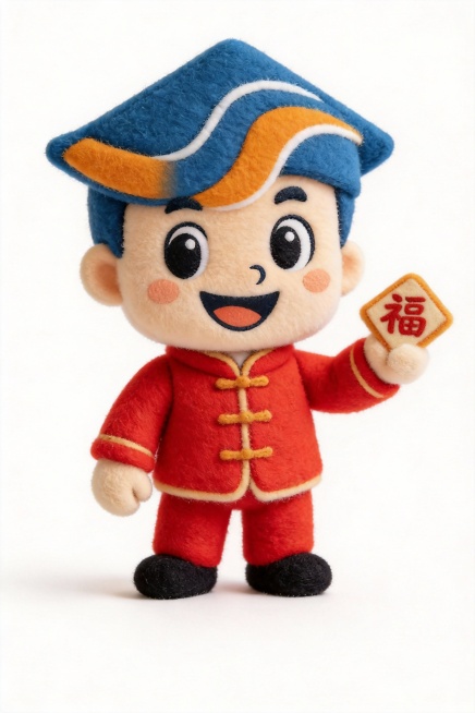 将图二小人按照图一小马的形式进行修改，保留图二人物形象和头顶饰品不变，让人物手拿福字，身穿红色唐装。预览效果