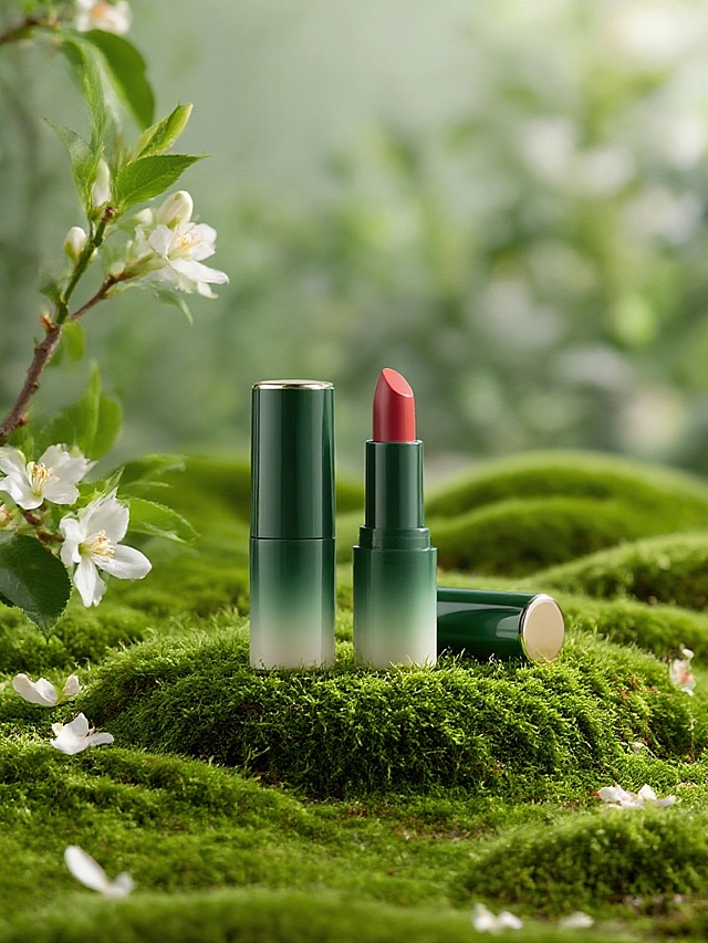 主体置于绿色起伏错落的青苔上，背景虚化绿植，底部散落花瓣，光影效果，左侧伸出茉莉花花枝