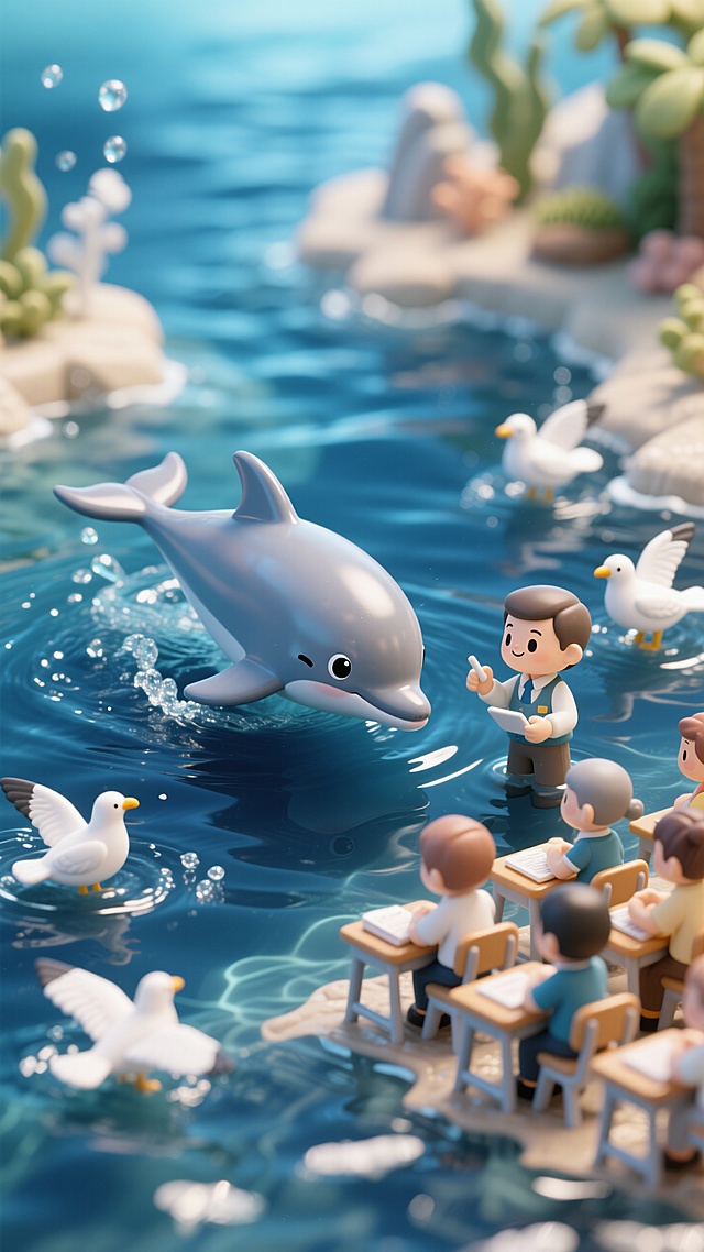 深海，海豚老师在给海鸥学生上课