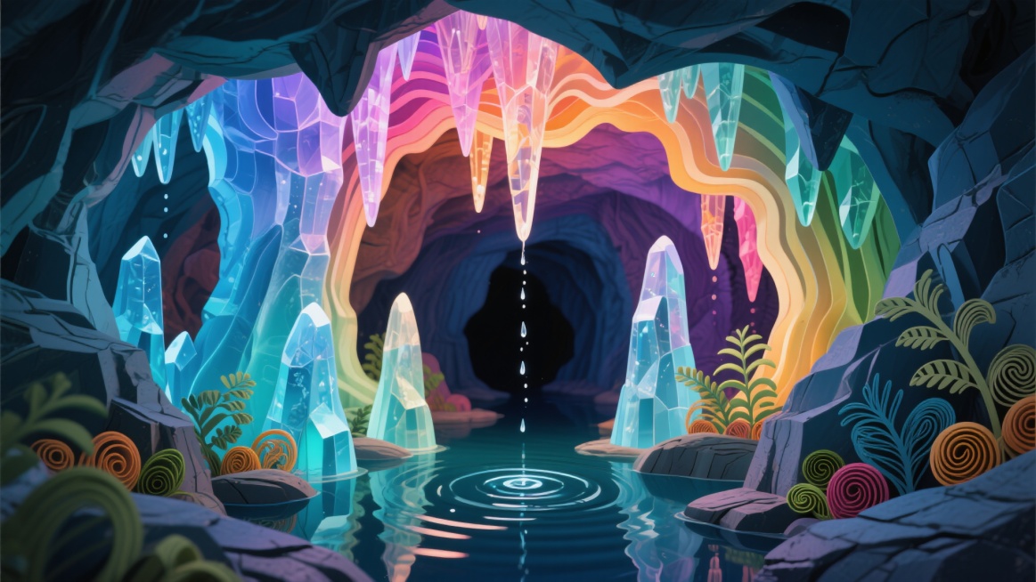 一座喀斯特溶洞，像半透明的水晶洞穴，扭曲的石灰岩柱，半透明的钟乳石，彩色灯光照射下显得神秘，石灰岩柱钟乳石上渗出的水落入溶洞阴河，平静水面泛起圈圈涟漪，石缝间有喜阴植物，衍纸艺术渐变色彩，充满质感，2预览效果