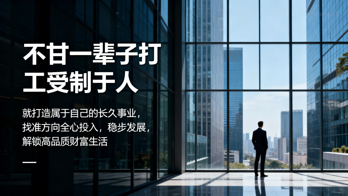 1280*720横版，商务左右排版：左侧文案右侧站立老板远景图片，主标题"不甘一辈子打工受制于人"，副标题"就打造属于自己的长久事业，找准方向全心投入，稳步发展，解锁高品质财富生活"，使用清晰无衬线字预览效果