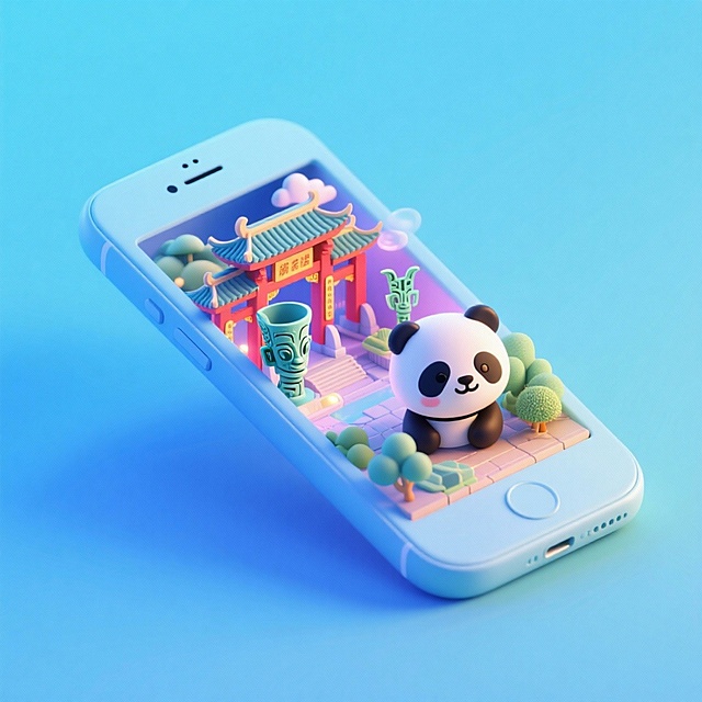 一个手机创意微缩场景，手机平放，侧面对着观众，手机俯视角度，立体的成都景观从屏幕内出来，有熊猫，三星堆，武侯祠，整体色调立体魔幻。青色背景。具有梦幻感,打光营造出柔和氛围强调梦幻和未来感的美学。