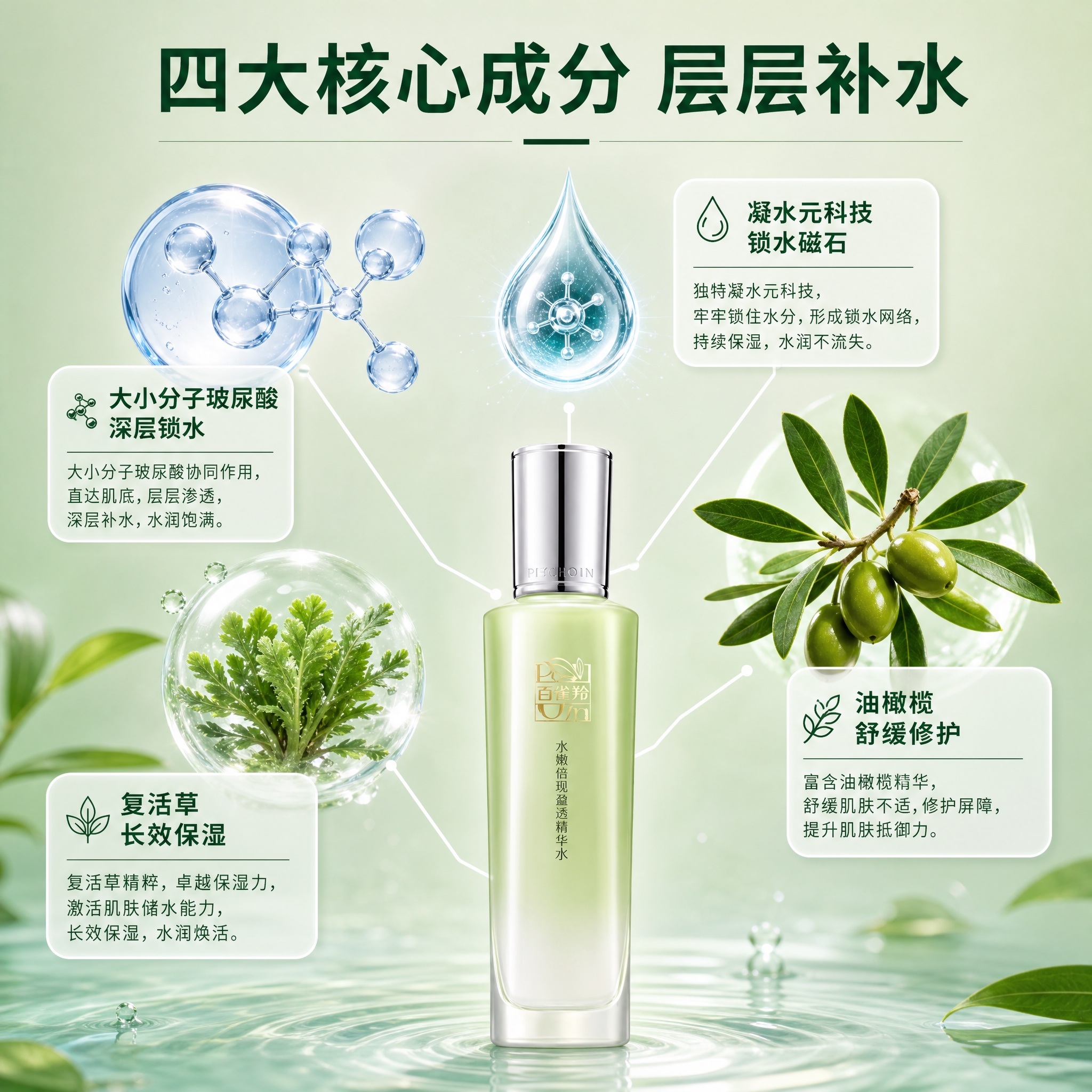 [主图-2] 核心成分解析图，展示百雀羚水嫩倍现盈透精华水的核… - 图片创意预览