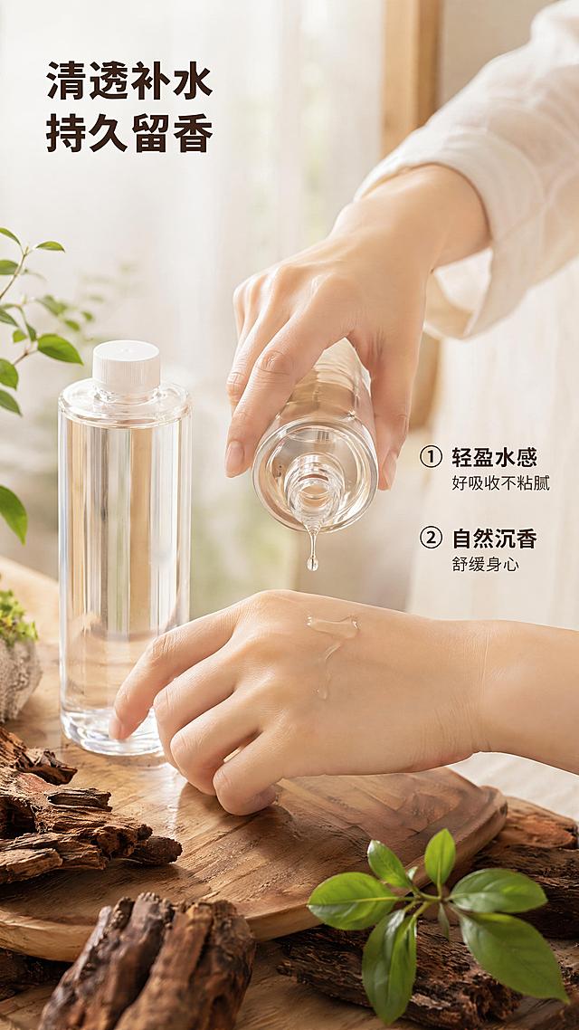 [第4屏] 详情页真人效果页-手部使用沉香纯露展示。本屏使用【图1】作为产品展示。
[氛围/风格] 自然生活化氛围，温和通透，真实使用场景
[元素布局] 画面主体为亚洲女性手部，正滴出一滴纯露在手背，产品瓶身放置在左侧台面，右侧为文字区域，前景保留沉香木和绿叶装饰，产品瓶身外观与原图保持一致
[光影质感] 室内柔和自然光，手部肌肤和瓶身通透清晰，阴影自然柔和
[配色色系] 全局底色 #F5F1E6；主色原木棕+肤色；辅助色绿叶点缀
[视角构图] 平视近景视角，手部动作位于画面中心，产品瓶身稳定在左侧
[文字版式] 左上角主标题「清透补水 持久留香」，右侧分两点说明：1.「轻盈水感 好吸收不粘腻」，2.「自然沉香 舒缓身心」，文字不遮挡手部和产品主体
[比例分辨率] 9:16 竖版比例，4K分辨率，高清画质
[负向提示词] 产品变形，文字错乱，脸部过度美颜，夸张对比，虚假功效，水印