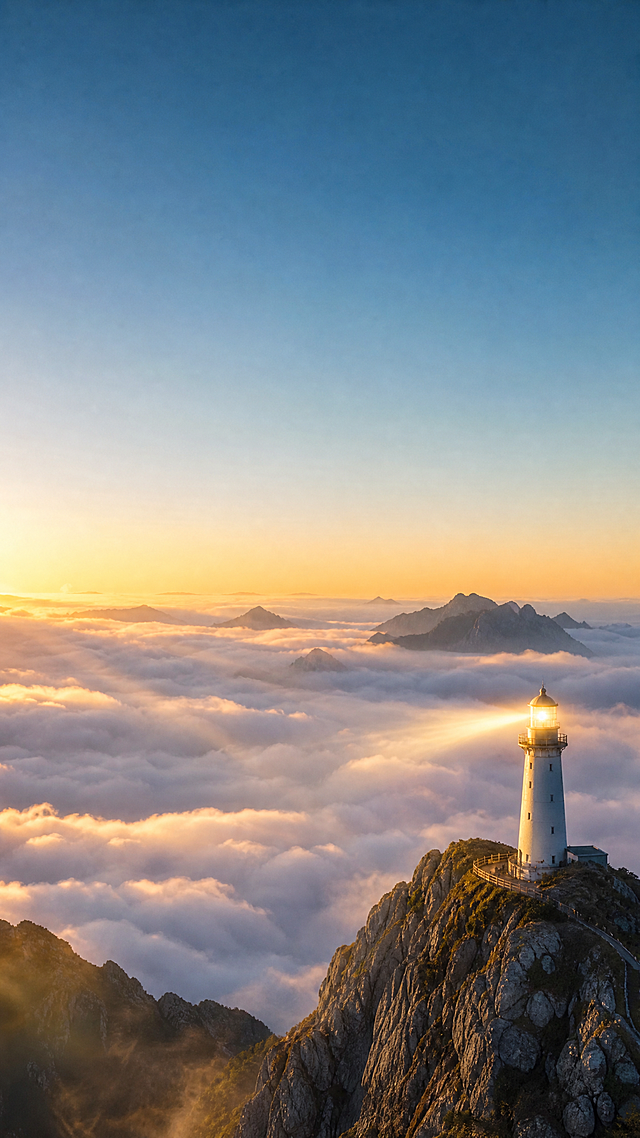 竖版品牌文化海报背景，云海山巅主题，高山之巅视角，脚下是翻涌的白色云海如海浪般起伏，晨光从侧面斜射过来形成丁达尔效应光束，天空是淡蓝到金黄的渐变色，山顶悬崖上矗立一座白色灯塔，灯塔发出明亮的光束穿透云海，远处几座山峰露出云海之上如仙境，整体氛围开阔高远有格局感，气势恢宏，超高清写实摄影风格，画面上方和中部留出大面积负空间用于排版文字，构图层次分明，高级商业质感