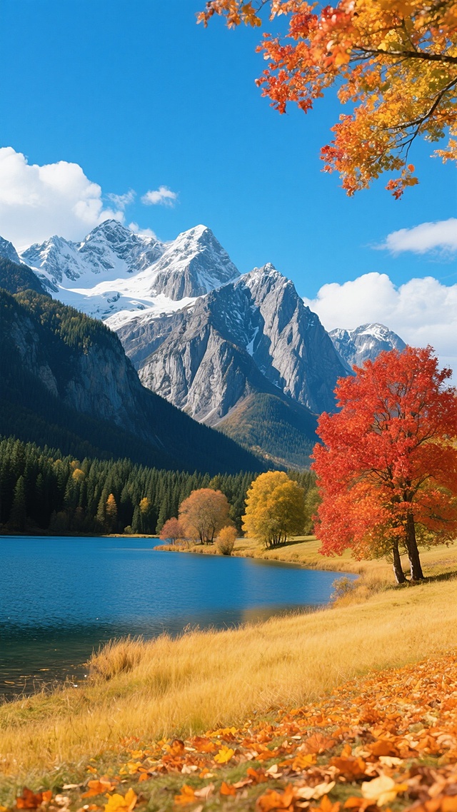 一张超高清写实风景摄影，画面中呈现出壮丽的自然景观，远处是巍峨高耸、山顶覆盖着皑皑白雪的连绵山脉，山体岩石纹理清晰可见，山腰处有茂密的墨绿色森林，近处是一片宁静的湖泊，湖水呈现出清澈的深蓝色，湖边长满了金黄色的草甸，岸边点缀着几棵色彩鲜艳的树木，其中一棵鲜红的枫树位于画面右侧，枝叶繁茂，地面上铺满了橙色和黄色的落叶，天空湛蓝，飘着几朵洁白的云彩，阳光明媚，光线充足，整个画面色彩丰富，层次分明，营造出一种宁静而壮丽的秋日自然风光氛围。