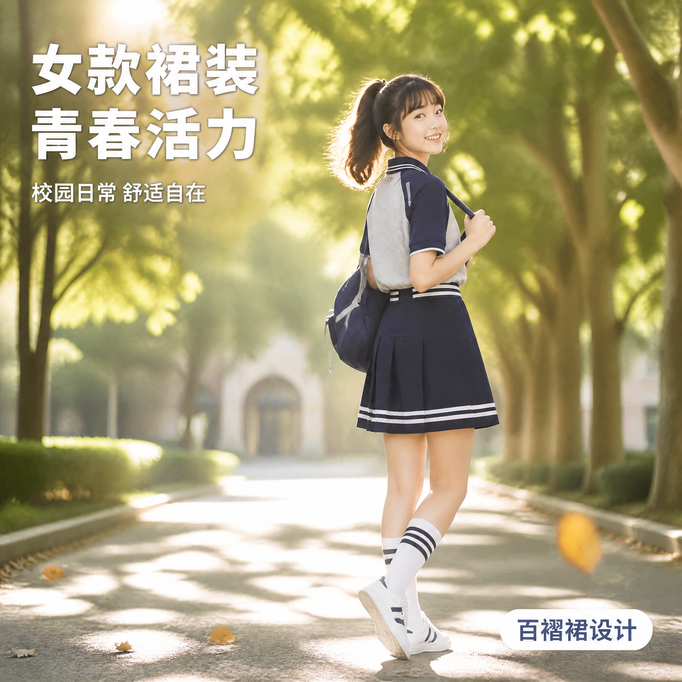 [第5张] 女款模特场景展示页-夏季短袖校服套装女款校园穿搭。… - 图片创意预览