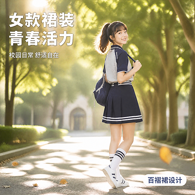 [第5张] 女款模特场景展示页-夏季短袖校服套装女款校园穿搭。本张使用【图2】女款模特图作为主体基础。
[氛围/风格] 青春校园风，自然清新，阳光明媚，商业摄影质感。
[元素布局] 女学生模特走在校园林荫道上，侧身回眸姿态，位于画面中央偏右，占比约55%；背景为阳光透过树叶的林荫道，有光斑效果；模特背着书包，穿着灰藏青拼色Polo衫+藏青百褶短裙，白色袜子运动鞋，款式颜色与输入图完全一致；前景有几片落叶增加层次感。
[光影质感] 午后侧逆光，树叶间形成丁达尔光效，人物发丝有金边，皮肤通透，服装面料有自然褶皱和光影。
[配色色系] 全局底色以绿色系#81C784和暖黄色#FFE082光斑为主；主色藏青#1A237E、麻灰#9E9E9E；辅助色白色书包、白色袜子。
[视角构图] 侧面45度视角，人物在黄金分割点，景深较浅背景虚化，阅读动线从人物到场景。
[文字版式] 左上角竖排或横排标题区。主标题「女款裙装 青春活力」，白色粗黑体带轻微阴影；副标题「校园日常 舒适自在」，白色细黑体；右下角有一个小标签「百褶裙设计」，白底藏青字；文字不遮挡人物主体。
[比例分辨率] 9:16竖版比例，4K分辨率，文字清晰可辨，高清画质。
[负向提示词] 人物变形，服装款式错误，颜色偏差，水印，文字错乱，面部不自然，背景杂乱。