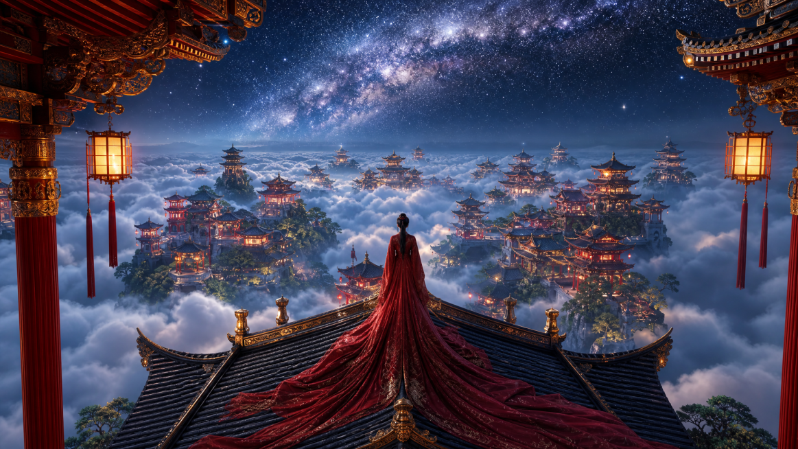 【构图】16:9高空斜俯纵深视角，前景大殿红黑瓦屋脊做承载，红衣女子站在屋脊中轴线；整片云海仙宫群铺展中远景，璀璨银河占据上空天幕
【人物刻画】完整背影古装女子，发髻简约，身着酒红色垂坠广袖拖地古风长预览效果
