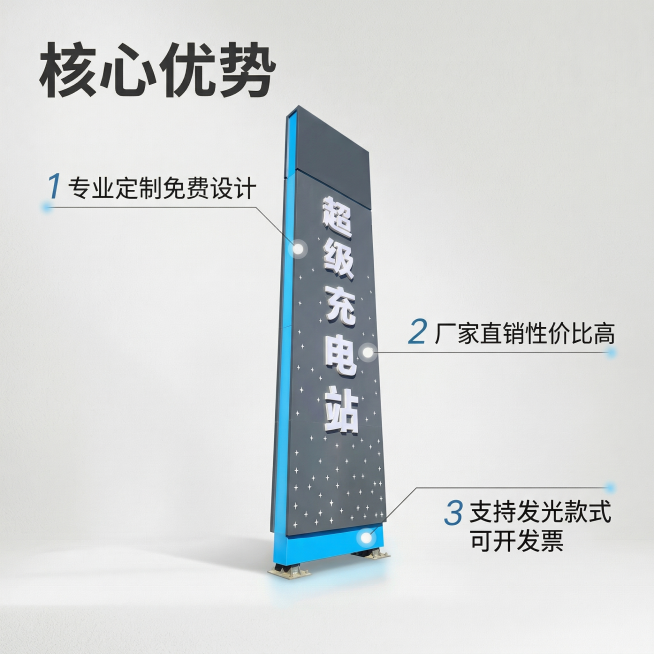 基于「图片1」，生成一套主图（5张），商品为户外定制发光充电站新能源导向指示牌导视牌指引牌道路标识立牌，商品核心卖点是厂家直销免费设计专业定制 可开发票，氛围/风格是舒适简约、家居治愈，适配拼多多平台预览效果