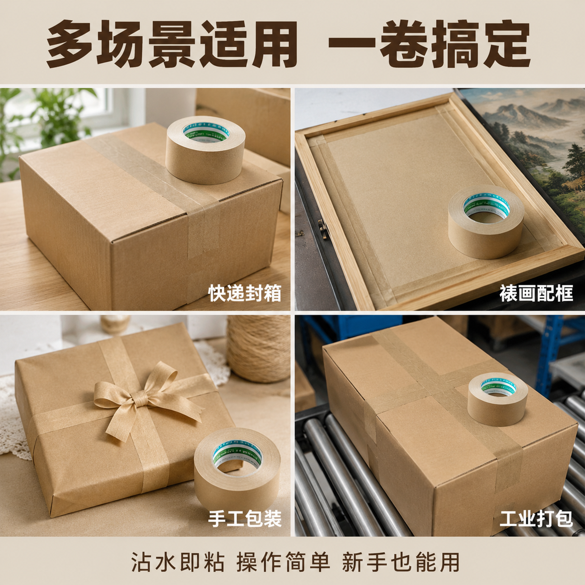 [主图-4] 湿水牛皮纸胶带多场景使用展示图。 [氛围风格]… - 图片创意预览