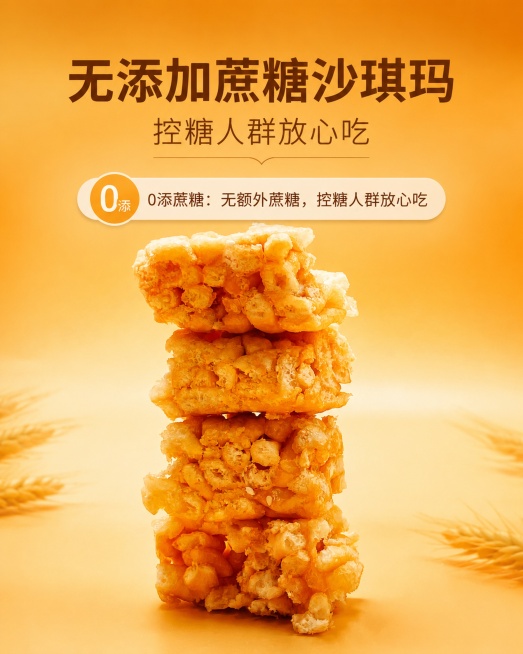 这是一张移动端商品营销海报，主体是沙琪玛，100% 还原上传商品图的产品外形、结构、比例、材质质感、颜色，商品主体保持原图样貌。风格是写实商业摄影，简约健康风，突出控糖卖点。主标题为"无添加蔗糖沙琪玛预览效果