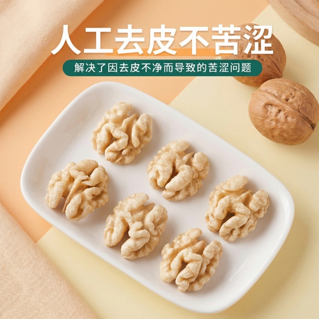 将橙色和黄色背景颜色调浅，调整得更加真实自然，保持所有文字内容、核桃仁、盘子和整体布局不变，保留750×750尺寸预览效果