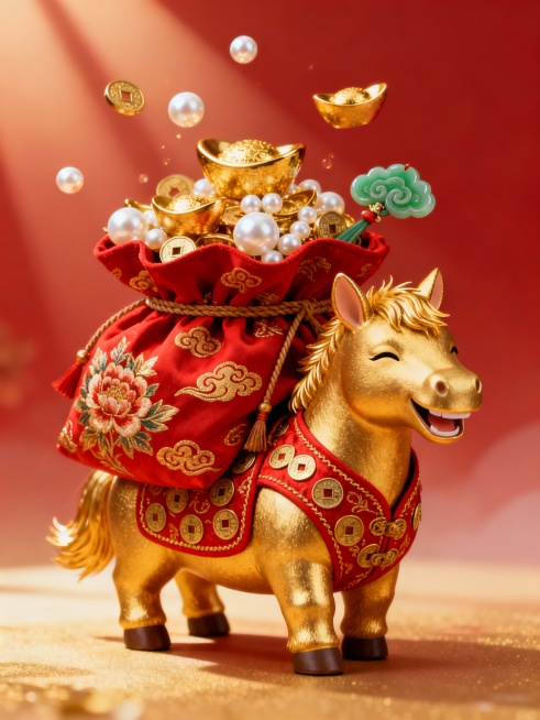在以红金为主色调，洋溢着富贵喜庆氛围的画面中：

一匹矮胖敦实的金色小马占据画面中心。它浑身散发着柔和的金色光芒，仿佛由纯金铸就，毛发细腻，根根分明且泛着金属光泽。身上穿着一件红色小马甲，马甲质地精良预览效果