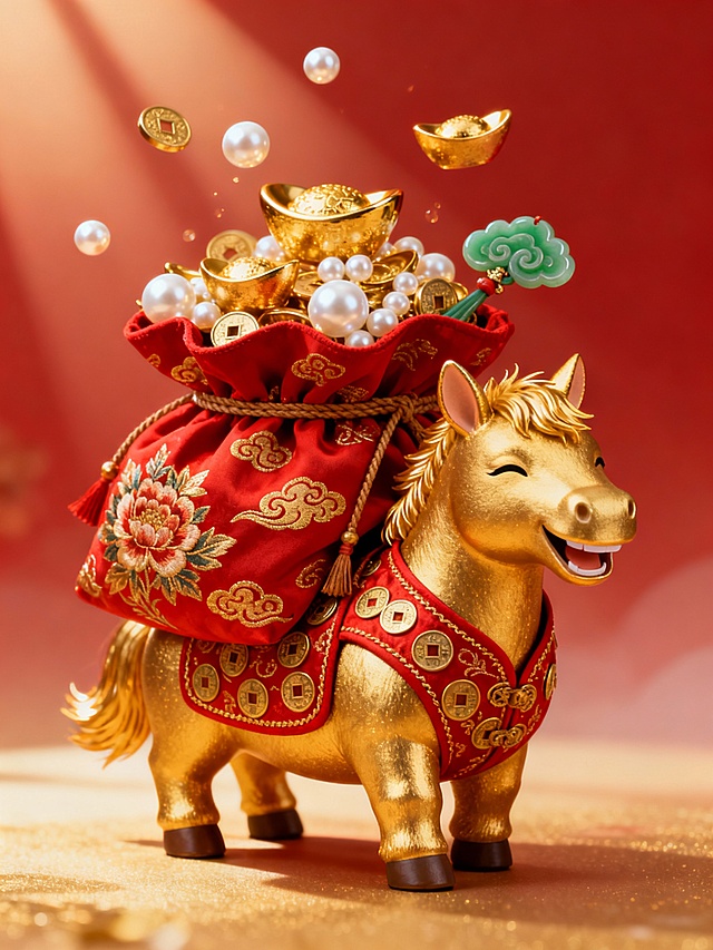 金色小马驮着刺绣红袋，满载金元宝与珍珠，3D重拟物风格融合鎏金与中式元素，喜庆奢华，寓意新春财运亨通。