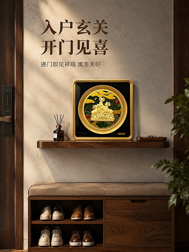 [第2屏] 玄关场景种草-三羊开泰摆件入户玄关摆放效果。本屏使用【图1】作为商品主体。
[氛围/风格] 温馨入户场景，自然生活感，新中式居家氛围。
[元素布局] 三羊开泰摆件摆放在入户玄关胡桃木换鞋凳上方墙面的悬空置物台上，旁边搭配一个小型的入户香薰和进门钥匙托盘，背景是浅灰色水泥墙，整体场景自然真实，展示入户开门第一眼的装饰效果，保持产品外观和颜色与原图一致，主体占比约60%。
[光影质感] 进门自然光从左侧照射，光影自然柔和，金色摆件产生柔和高光，整体氛围温暖舒适。
[配色色系] 全局底色沿用深棕基调，主色胡桃木色+金色，辅色浅灰，自然温馨。
[视角构图] 平视视角，展示完整玄关场景，景深自然，层次清晰。
[文字版式] 左上标题「入户玄关 开门见喜」，深棕色粗体；副标题「进门即见祥瑞 寓意美好」，深棕色小字，文字不遮挡产品主体。
[比例分辨率] 3:4竖版比例，4K分辨率，文字清晰可辨，高清画质。
[负向提示词] 变形，文字错乱，缺件错件，颜色偏差，水印，产品图模糊，背景杂乱。