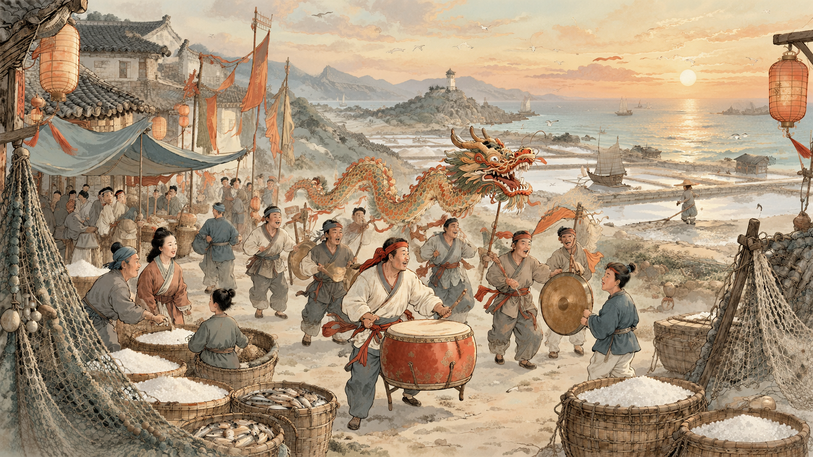 国风新中式工笔淡彩风格的横向宽幅插图，主题为海盐盐民民俗文化：… - 图片创意预览