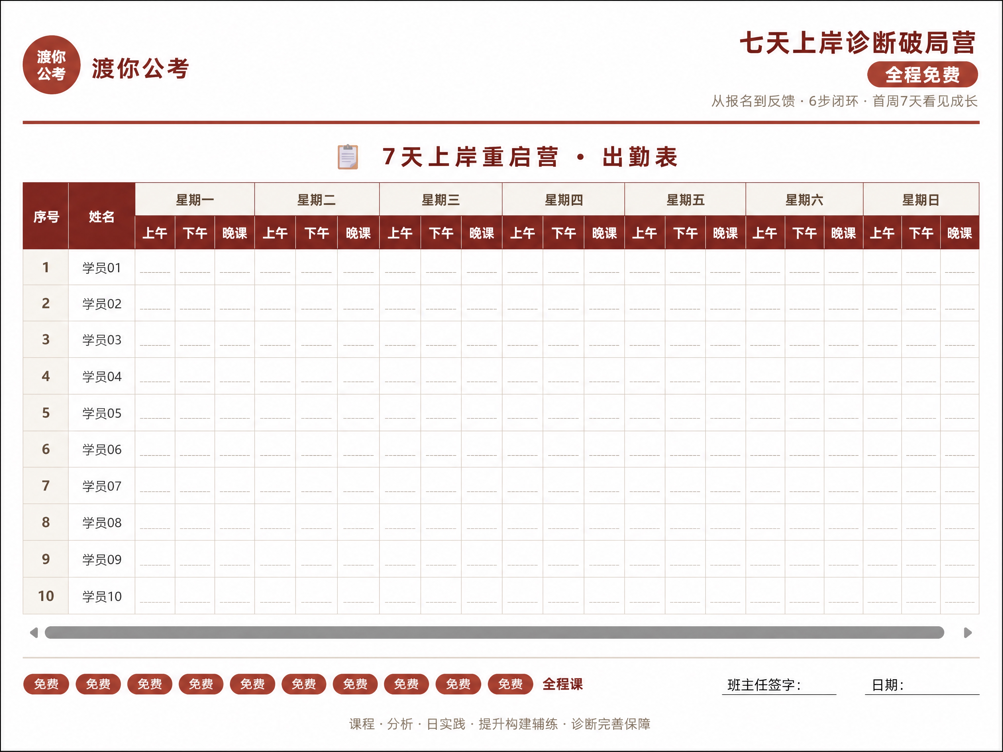 基于参考图重新制作一张A4横向打印尺寸的「7天上岸重启营·出勤… - 图片创意预览