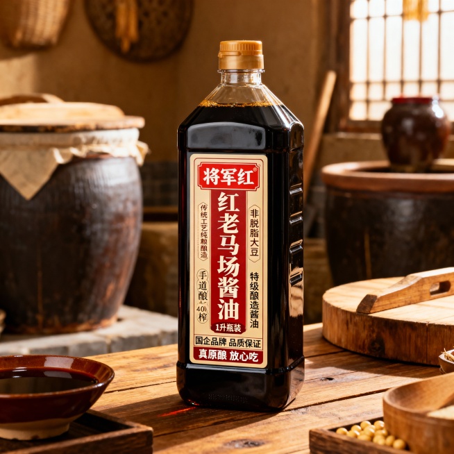 生成五张不同场景的酱油电商主图，比例1:1，将军红老马场酱油（酿造酱油），传统工艺纯粮酿造，每瓶净含量1升，手工酿造、头道初榨、日晒400天、非脱脂大豆，特级酿造酱油，国企品牌 品质保证，真原酿 放心预览效果