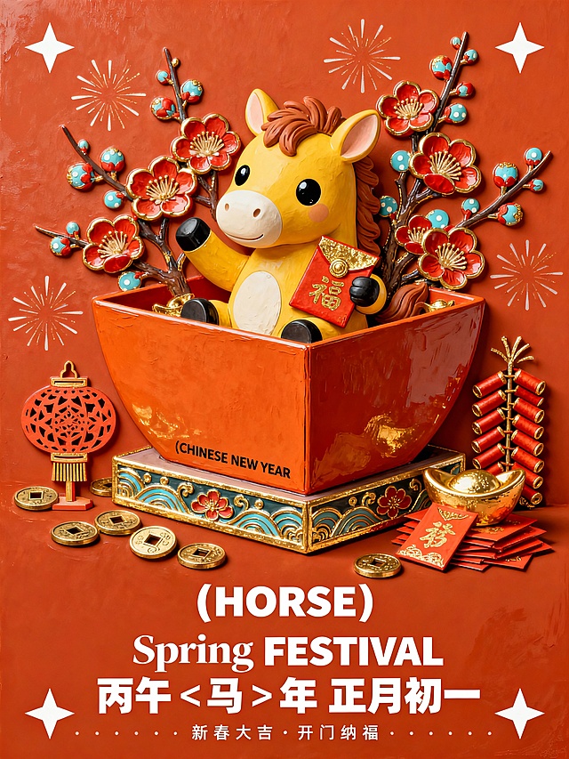 软3D粘土风卡通马坐于红盆中，融合国潮浮雕元素，喜庆中式新年氛围，梅花、灯笼与金元宝点缀，传递可爱吉祥的春节祝福。