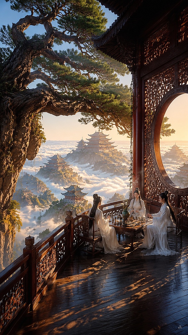 【画幅构图】竖版9:16纵向纵深广角镜头，建在万米云海之上的中式雕花悬空长廊；深棕实木雕花护栏与立柱，搭配朱红廊柱，右侧是大面积镂空雕花圆形月洞窗，窗沿布满精致木刻纹样；画面左侧，一座巨大悬空岩石山体向外横生一棵巨型造型迎客古松，粗壮枝干横向铺满画面，树根垂落崖壁；长廊中段摆放几组实木茶桌椅，三位古装人身着纯白飘逸汉服围坐饮茶；整片山谷铺满蓬松厚重的白色云海，云海间高低错落悬浮多层重檐天宫楼阁，清晨通透淡蓝天际，暖金色侧光铺满场景，纵深感辽阔缥缈。
【人物刻画】三位古装人物，梳古典发髻，全部身穿通体纯白垂坠广袖薄纱汉服，安静围坐茶席闲谈品茶；桌上青铜香炉升腾淡淡白烟，晨间柔光柔和勾勒衣料通透褶皱，人物身形小巧反衬巨松、浮空山崖与云海仙阙的磅礴尺度，氛围闲适淡然。
【长廊室内细节】
1. 木质结构：全屋深色实木雕花构件，护栏、窗棂、立柱布满祥云雕花，圆形月洞窗镂空纹样繁复精致，阳光透过木格在地面投下条状光影；
2. 茶席陈设：原木矮茶桌，摆放紫砂茶壶、品茗杯、青铜熏香炉、青瓷花瓶，古雅茶具成套摆放；地面为抛光深色实木，微弱反射天光；
【外景浮空松崖云海细节】
巨型悬空陡峭岩石山体，一棵千年迎客松扎根崖顶，粗壮虬枝横向延伸至长廊上方，松针翠绿茂密；崖壁垂落藤蔓绿植；下方无边无际体积饱满的奶白色云海，云海深处矗立多座依山而建的中式天宫楼阁，飞檐层层叠叠，山间点缀小型花树；清晨柔和暖金色日光斜洒在松枝、崖壁与宫殿飞檐，晕染一层暖金边。
【光影氛围】
清晨日出暖金侧逆光，室外云海、古松带有温暖柔光，长廊内部光影温润柔和，冷暖光影层次舒缓；主色调：深棕雕花木廊、纯白汉服、苍绿古松、奶白云海、朱红立柱；氛围清幽雅致、仙气悠远，云海之上的松间茶廊仙境。
【渲染参数】UE5电影级渲染，8K超写实高精度细节；实木雕花肌理、汉服轻薄纱料褶皱、古松树皮纹理、香炉白烟、蓬松云海层次、抛光木地板反光全部精细刻画；无畸形人体，清除画面文字水印logo，无现代物品、无西式建筑、无刺眼霓虹灯光。
