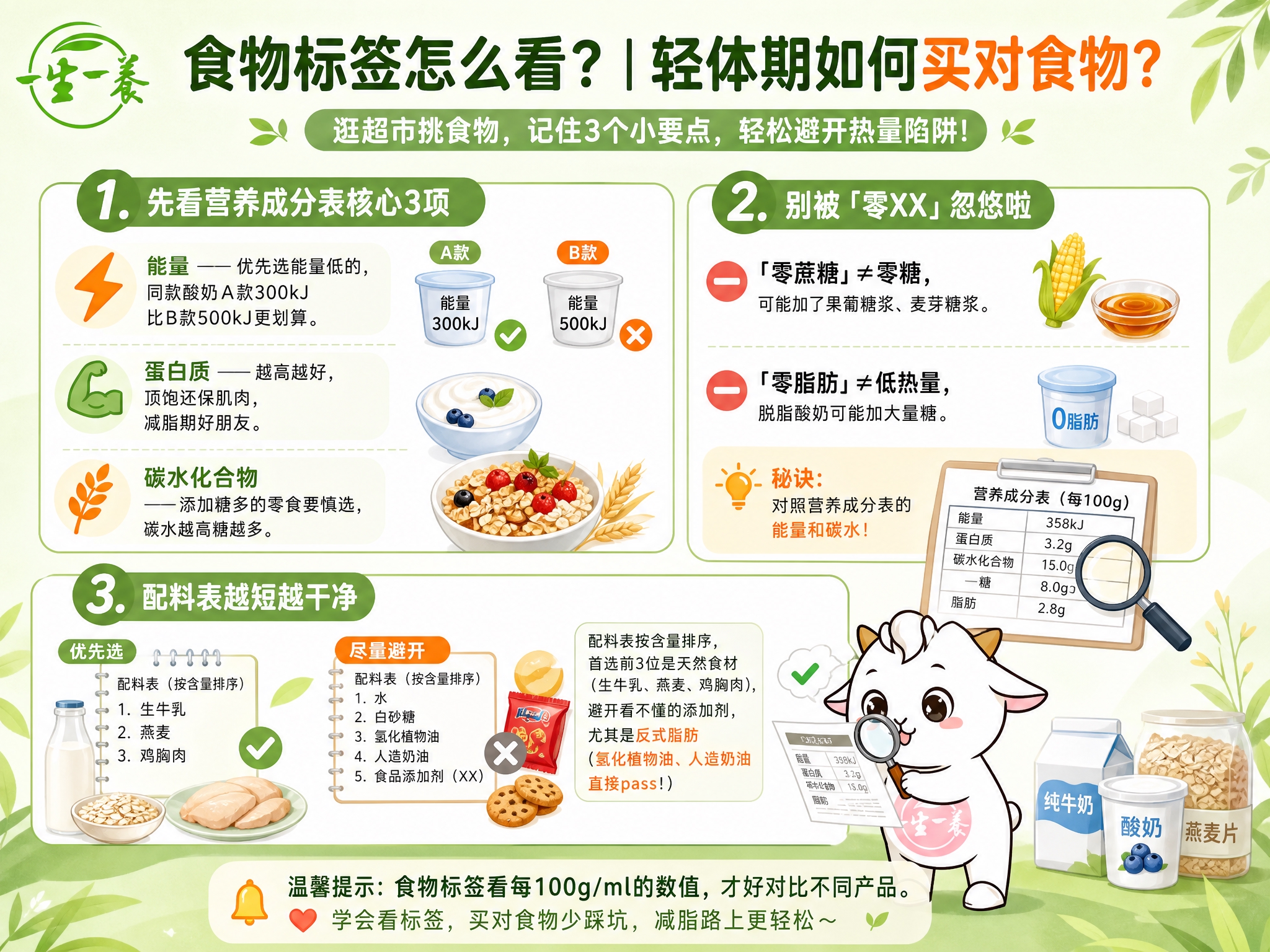 一张轻体打卡营食物标签科普分享图，横版4:3比例，清新自然风格… - 图片创意预览