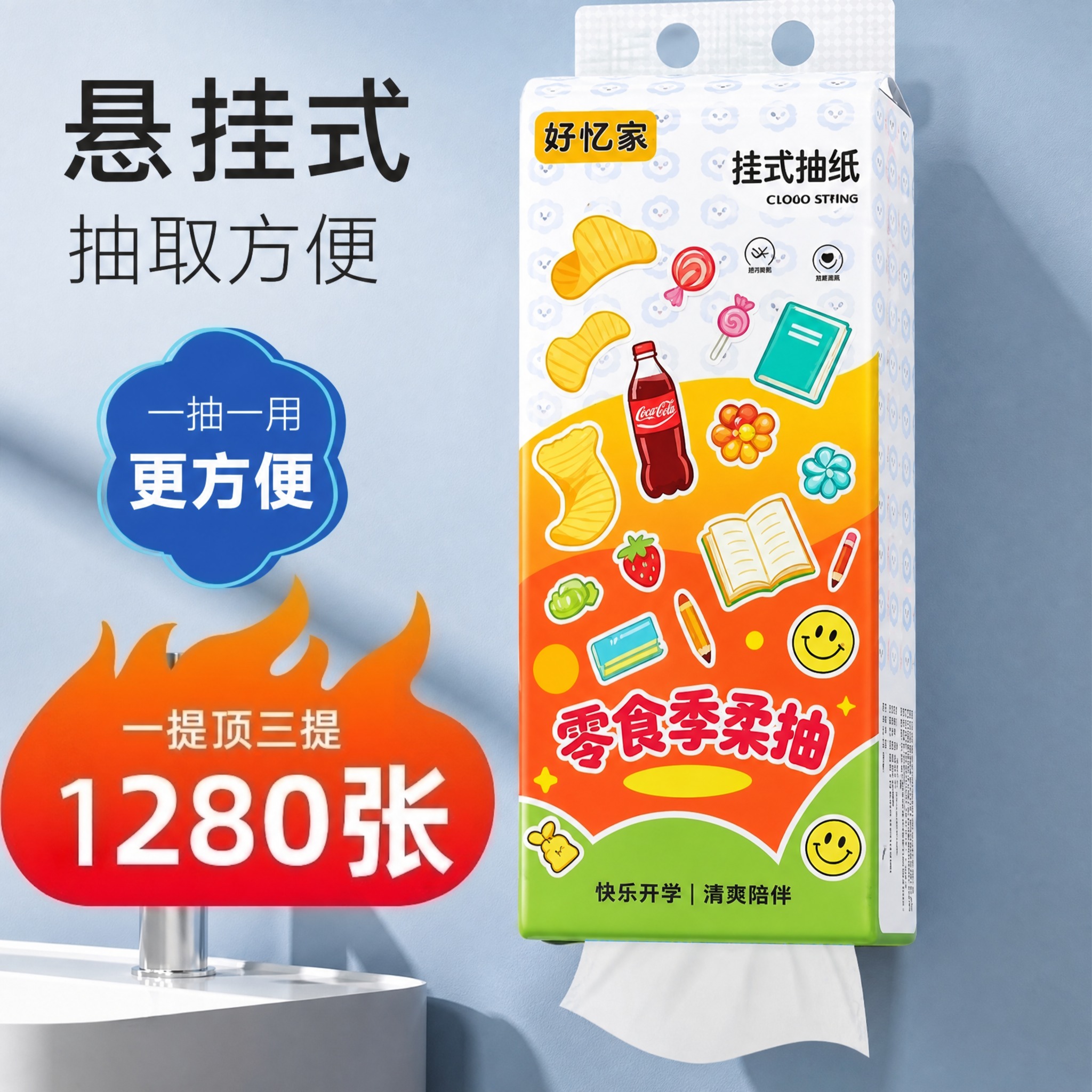 将第一张白底图中挂式抽纸包装盒上的全部零食主题图案（薯片、糖果… - 图片创意预览