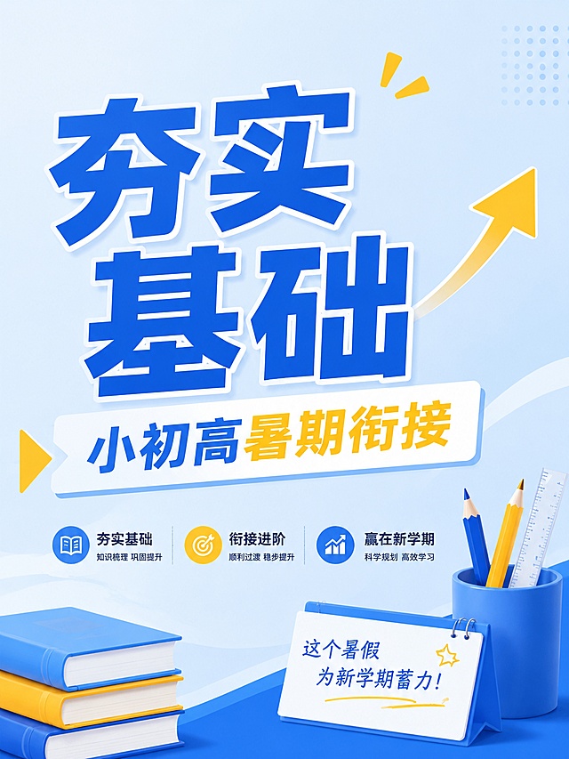 参考参考图的蓝黄配色和简约清新教育风格，招生海报，主标题"夯实基础"，副标题"小初高暑期衔接"，阶梯式文字排版，背景浅蓝，黄色箭头装饰，留白充足，文案不密集，3:4比例，文字清晰突出，高清，版式精美