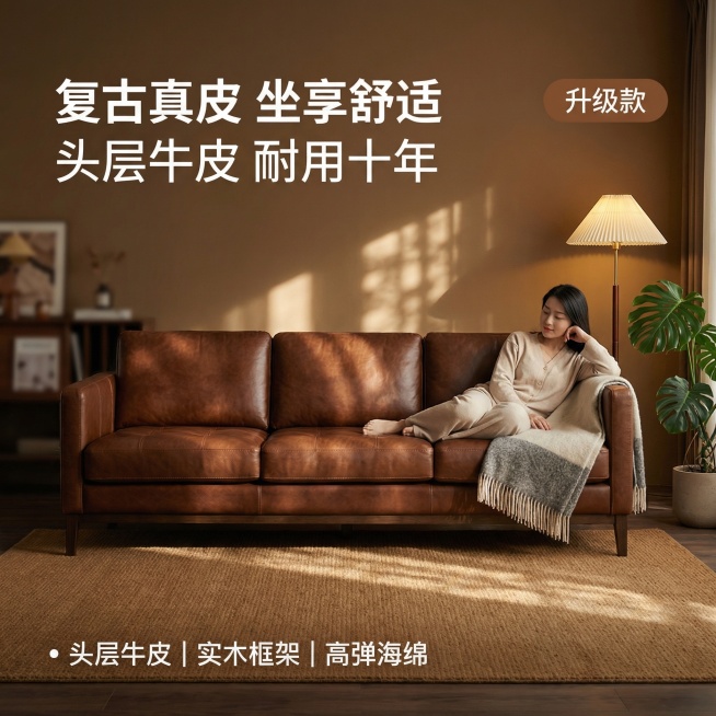[主图 1：首图/空间场景与氛围]：[垫图] 输入的棕色真皮三人位沙发图；[主图主题] 棕色复古真皮沙发家居首图；[氛围/风格] 中古风家居风格，温馨暖调自然光，慵懒午后感；[画面元素] 棕色三人位拉预览效果