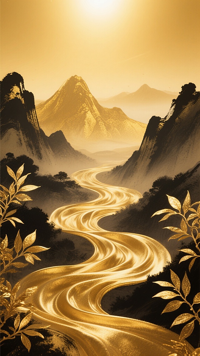 金色渐变背景，顶部明亮高光，远景朦胧金色山峦剪影，前景两侧金色枝叶装饰，中央流淌着金色波浪状丝绸，整体呈现国风水墨质感，笔触柔和晕染，墨色浓淡层次丰富，保留金色主色调与宁静高雅氛围。