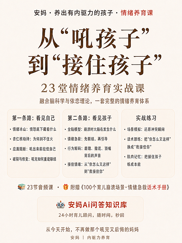 修改海报：1. 将主标题“从‘吼孩子’到‘接住孩子’”更换为更匹配整体温暖专业风格的有力量感衬线字体；2. 将“23堂情绪养育实战课”的字体颜色修改为和下方“融合脑科学与依恋理论，一套完整的情绪养育体系”那段文字相同的浅棕色。其他布局内容保持不变。