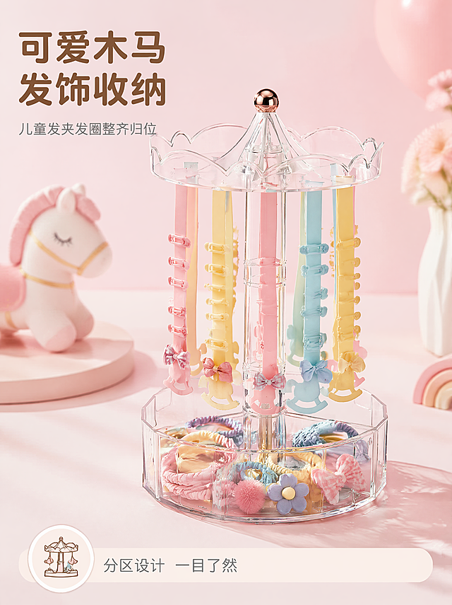 「图片1」，生成一套详情页，商品名称为发饰收纳盒，在彩色防滑条上有序的夹着儿童发夹，发夹色彩盒防滑条色彩一致，在底层的抽屉收纳盒里面放着不同款式的发圈，在适配淘宝/天猫平台，单图比例为3:4，需求屏数为4张。
