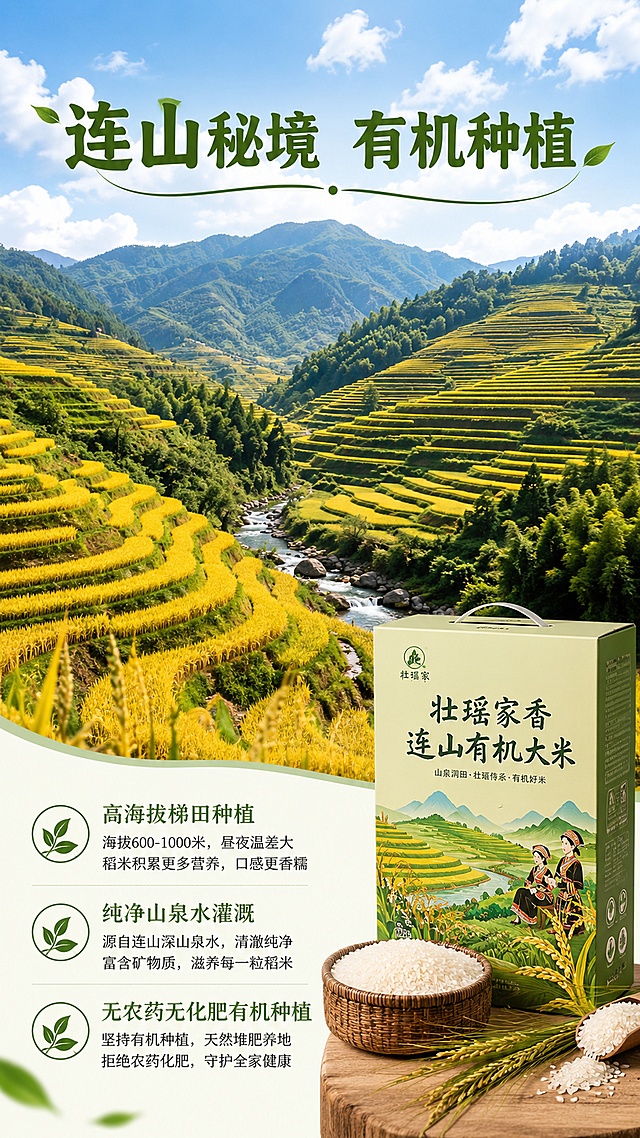 使用商品详情页技能根据商品图「图片1」生成详情页，参考图为，商品名称为 “壮瑶家香”品牌连山有机大米，卖点为壮族有机米，适配平台为淘宝/天猫，图片比例为9:16，需求屏数为6张，首屏：吸睛海报式大图 + 核心卖点总览；  产品基本信息（名称、规格、产地、保质期等）；  有机认证/资质展示（可用示意图标）；  产地优势（连山自然环境、有机种植等）；  产品实拍展示（多角度）；  食材对比/品质差异说明；  食用建议/烹饪场景/搭配推荐；  品牌故事或企业信息（“乡意浓”品牌简介）；  售后保障/物流说明；  整体排版节奏张弛有度，图文比例适当，信息层级清晰；  色调与海报、主图保持一致，形成统一视觉识别。