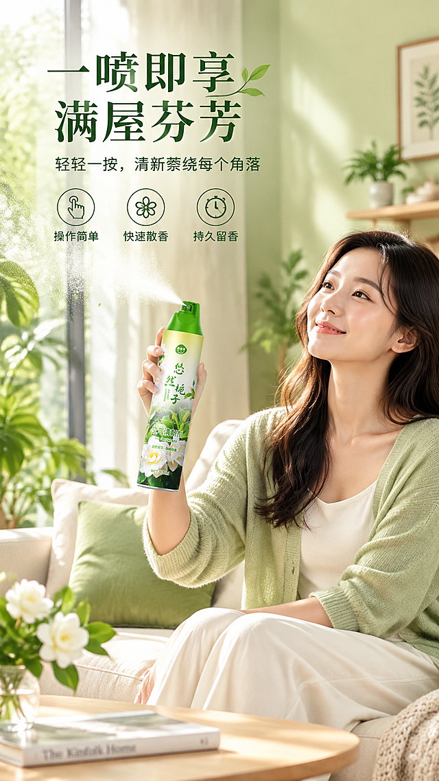 [商品] 使用【图2】悠然栀子款空气清新剂；保留罐体结构、绿色瓶盖、黄白瓶身、栀子花图案、品牌Logo、瓶身文字和370ml标识；罐体完整清晰。
[画面] 目标：人物使用页，展现居家客厅场景中女性轻松使用产品。构图：左文右图，右侧一位年轻亚洲女性坐在明亮的客厅沙发上，手持空气清新剂正在向空中喷洒，表情轻松愉悦；产品和人物占画面约60%。左侧为落地窗和绿植，阳光洒入；前景有茶几和书籍，营造温馨居家氛围。
[视觉] 套系策略：风格=清新自然高级商业摄影；标题字=优雅宋体粗体；正文字=简洁无衬线黑体；主色=清新草木绿；背景延展=基于草木绿做米白暖调、同色深浅层级和柔和自然光质感；强调色=栀子白，仅用于小面积花朵、标签和高光；标题色=深墨绿；正文色=中灰绿；组件=喷雾粒子光效、阳光丁达尔效应、绿植装饰；光影=左侧落地窗射入的自然暖光，人物和产品有柔和光影，整体明亮温馨。
[文字] 左上主标题："一喷即享 满屋芬芳"，副标题："轻轻一按，清新萦绕每个角落"；下方3个短卖点："操作简单"、"快速散香"、"持久留香"，配小图标；文字横向排版，清晰可读，不遮挡人物和产品。
[规格] 图片比例9:16竖版，分辨率4K，质量medium；避免人物变形、错字、文字过小、产品颜色改变、罐体文字错乱。