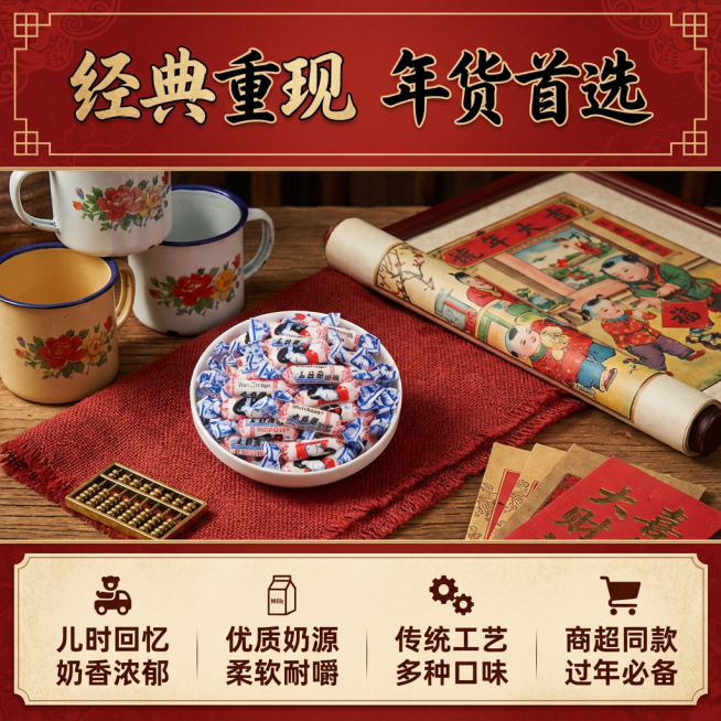 这张图片是产品主体这款产品是大白兔奶糖 我需要设计10张主图在拼多多上面售卖    主图场景布局可以用过年筹备年货  等设计一个高级一些主图文案内容   童年记忆 经典零食 过年必备 商超同款 多种口预览效果