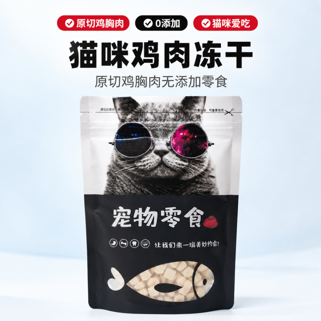 [主图1] 猫咪鸡肉冻干产品全貌款电商主图。氛围风格：专业清晰的宠物食品商业摄影，突出食欲感与品质感。画质：商业摄影质感、光线柔和通透、产品清晰真实、画面干净高级。元素：保持原产品包装外观（物理结构、预览效果