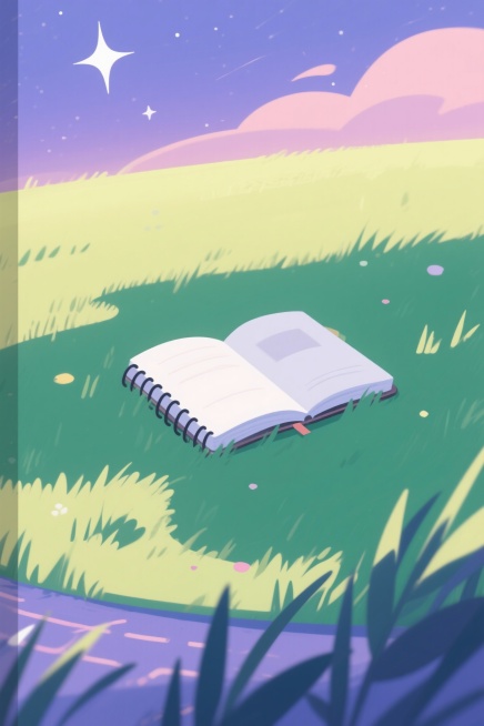 为一本名为《星空下的治愈手记》的散文合集设计封面，风格要求为“清新治愈、低饱和色调、简约插画风”，画面需包含“星空、草地、笔记本”核心元素。预览效果