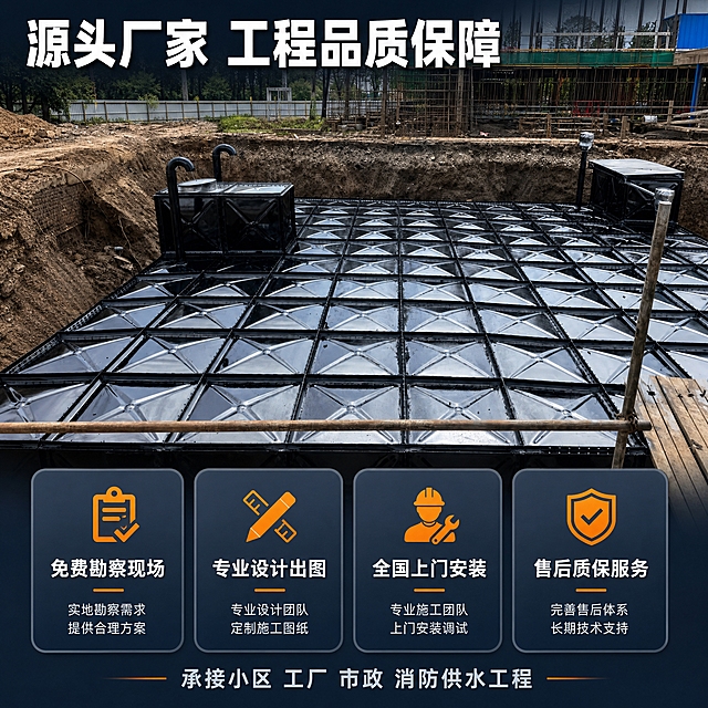 [主图-6] 工程案例与服务保障，展示地埋水箱实际工程应用场景与厂家服务承诺。保留原图工地现场感，精修画面提升质感，下方添加服务保障信息模块。
[统一基调] 工业建材专业风格，深蓝灰主色调，深灰蓝渐变背景，白色主标题字，浅蓝辅助字，橙色强调色，无衬线粗体字体，字号层级分明，卡片式信息模块，整体稳重专业。
[画面] 画面上方展示地埋水箱施工现场实景，水箱已安装完成，周围为开挖的土坑，远处有施工环境，占画面约55%。下方为服务保障区域，用4个图标+文字的卡片横向排列，展示厂家服务优势。背景为深蓝灰渐变过渡。
[光影质感] 施工现场为户外自然光效果，水箱表面有真实的工地环境反光，材质质感真实，周围泥土环境自然。下方服务卡片区域光影简洁干净，与上半部分自然过渡。
[配色] 上半部分工地实景自然色调，下半部分深蓝灰背景，服务图标橙色，说明文字白色。
[文字版式] 左上角主标题「源头厂家 工程品质保障」。下方四个服务卡片等距横向排列：「免费勘察现场」「专业设计出图」「全国上门安装」「售后质保服务」。每个卡片上方配对应图标，下方文字说明。底部一行小字：「承接小区 工厂 市政 消防供水工程」。
[输出要求] 1:1正方形，2048px，产品在场景中真实自然，文字清晰，无水印无平台logo，禁止极限词和虚假承诺。