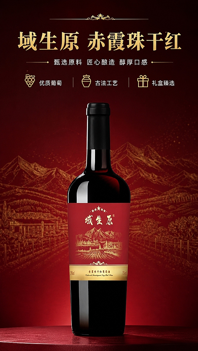 [商品] 使用【图1】域生原赤霞珠干红葡萄酒；保留瓶身结构、深红色酒液、红色酒标、金色"域生原"Logo与山水葡萄园图案、金色底条文字、黑色瓶盖、瓶身比例与材质；清晰化酒标文字，不改变任何商品本体文字与图案。
[画面] 目标：高端红酒头图海报，突出品牌与品质感。构图：上文下图，产品居中偏下，占画面约60%，瓶身正面展示，微微仰视角度。前景：暗红色渐变台面，柔和投影。中景：产品主体。背景：深红色渐变背景，上方隐约金色山水线条装饰，营造高端氛围感。阅读动线：从上至下，先看标题再看产品。
[视觉] 套系策略：风格=高端红酒商业摄影，红金质感；标题字=宋体衬线粗体，典雅大气；正文字=简洁无衬线体；主色=酒红深红；背景延展=基于酒红色做深浅渐变、暗纹肌理和金色点缀；强调色=金色，仅用于小面积图标、引线、装饰线条和重点文字；标题色=金色；正文色=米白色；组件=金色细线分割、圆角信息卡、古典装饰纹样；光影=左前侧暖柔光，瓶身高光清晰，质感通透。
[文字] 顶部居中主标题「域生原 赤霞珠干红」，金色大字；副标题「甄选原料 匠心酿造 醇厚口感」，米白色小字；下方3个短卖点图标横排：「优质葡萄」「古法工艺」「礼盒臻选」，金色图标+米白文字。文字区位于画面上半部分，不遮挡瓶身主体与酒标。
[规格] 图片比例9:16竖版，4K分辨率，medium质量。避免变形、错字、文字过小、冷蓝背景、瓶身颜色改变、酒标文字错乱、绝对化用语。
